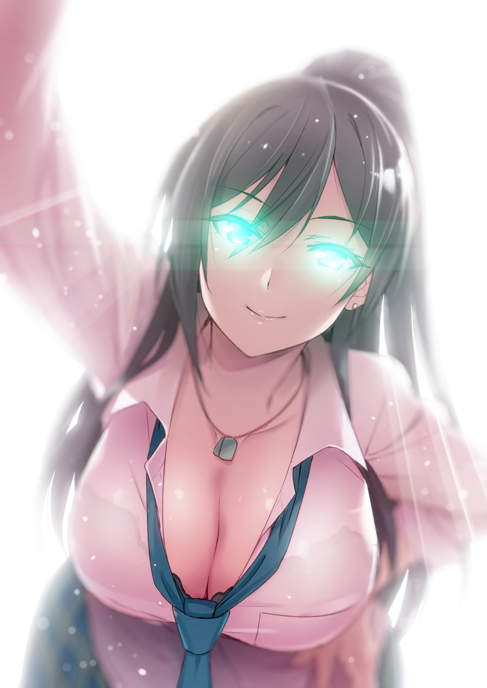 Sakuya leans over you, with one hand planted on the wall behind you.  Her eyes glow like shining emeralds and everything behind her is heavenly white.  Her shirt's top few buttons are undone, revealing her huge cleavage, adorned on top with a pair of dog tags attached by a thin chain necklace.  Despite all the intensity radiating from every fiber of her being, her expression is calm and pleasant.